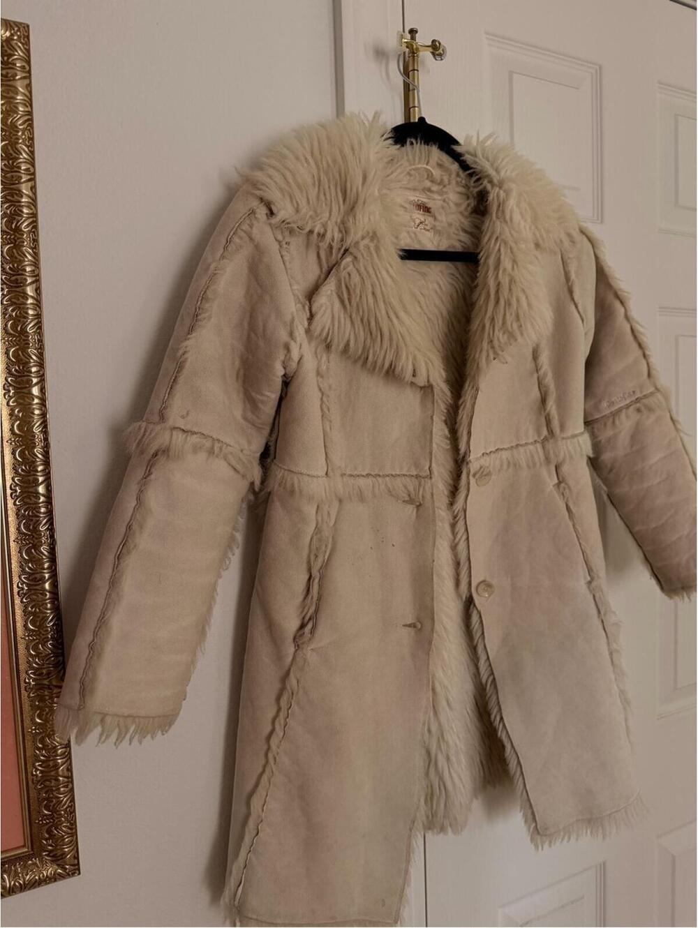 Women's Cream Faux Shearling Leather Coat